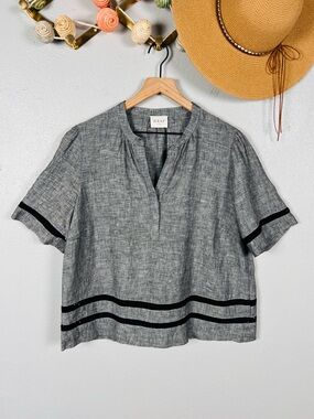 Wrap London 100% Linen Top Gray Black Trim Short Sleeve Blouse Minimalist 12